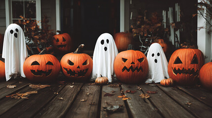 Halloween decorations featuring carved pumpkins and ghost figures on a porch with autumn leaves