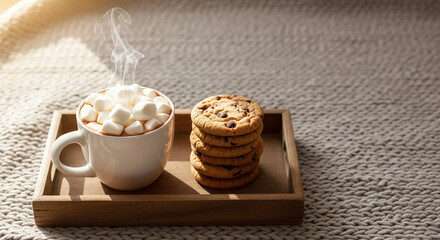 Hot Chocolate with Marshmallows and Chocolate Chip Cookies on a Cozy Blanket