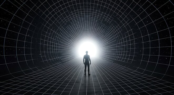 A solitary figure walks towards a bright light at the end of a futuristic, grid-lined tunnel.