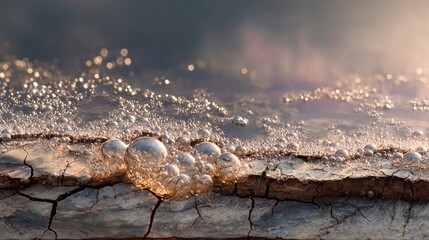 Ancient frozen soil cracks open with ethereal, glowing CO2 bubbles escaping into the atmosphere.