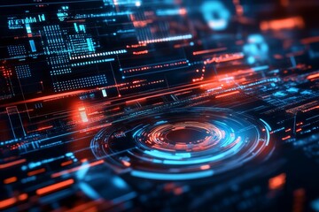 Abstract digital interface with glowing, overlapping, circular and rectangular elements in vibrant red and blue hues