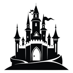Obraz premium Black Silhouette of a Fantasy Castle with Multiple Towers and a Large Archway