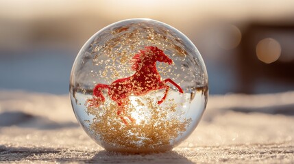 A glass snow ball with a red horse figure inside sparkles with golden glitter in sunlight.