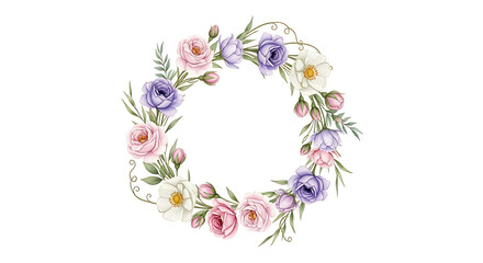 A delicate watercolor floral wreath featuring a harmonious arrangement of pink roses, purple anemones, and white blossoms with lush green foliage, creating a...