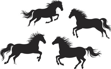 Silhouettes of Running Horses, Black and White Vector Illustration, Wild Horse Movement, Galloping Horses Artwork, Elegant Animal Silhouette Set
