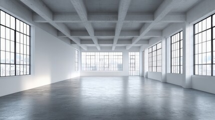 Fototapeta premium Bright Empty Loft Interior with Concrete Floor, White Walls and Large Windows Showcasing a Cityscape
