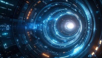 A deep, futuristic tunnel with concentric circles of metal and glowing blue light, receding towards a bright exit