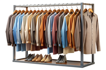 Wardrobe rack filled with various clothing and shoes on display