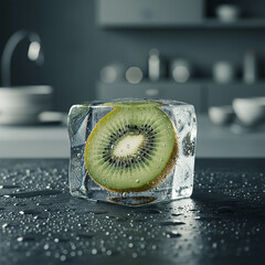 kiwi in ice, frozen kiwi, fresh kiwi, kiwi ice cube, fruit frozen in ice