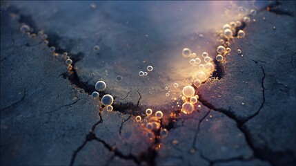 Ancient frozen soil cracks open with ethereal, glowing CO2 bubbles escaping into the atmosphere.