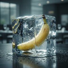 banana in ice, frozen banana, fresh banana, banana ice cube, fruit frozen in ice
