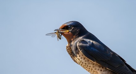 Barn Swallow with Insect Prey Against a Clear Blue Sky.