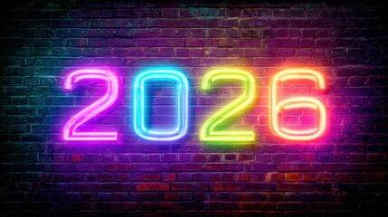 Neon-style glowing numbers &ldquo;2026&rdquo; displayed on a dark brick wall.