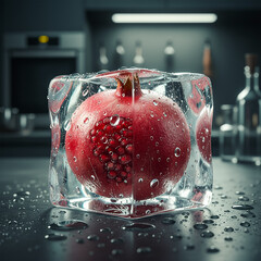 pomegranate in ice, frozen pomegranate, fresh pomegranate, pomegranate ice cube, fruit frozen in ice, pomegranate macro, frozen fruit, pomegranate freshness, ice cube with pomegranate, cold pomegranat