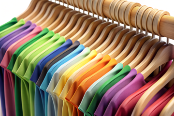 Rainbow of colorful t shirts hanging on wooden hangers in a closet