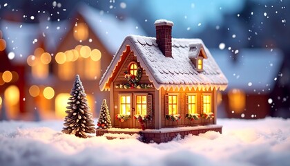 Fototapeta premium Cozy Miniature Christmas House in a Snowy Winter Village Scene.