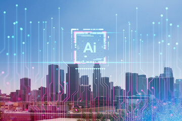 Los Angeles skyline with futuristic hologram AI interface overlay, cityscape and technology concept. Double exposure