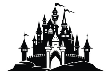 Obraz premium Silhouette of Fantasy Castle with Flags and Turrets on a Hillside Setting
