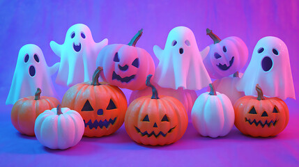 Obraz premium Playful Halloween scene featuring smiling pumpkins and cheerful ghosts against a colorful backdrop