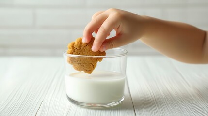 Child's hand reaching for a cookie in a glass of milk.