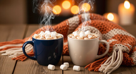 Two Steaming Mugs of Hot Chocolate with Marshmallows and Cozy Scarf