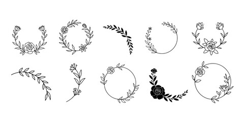 Fototapeta premium Collection of floral and leaf line art elements flower