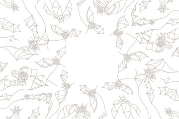 A whimsical pattern of outlined bats encircling a blank space on a white background illustration