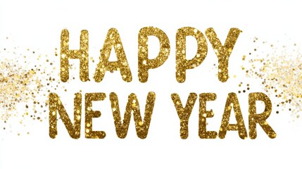 A golden glitter "Happy New Year" lettering with sparkling scattered particles on a white background.