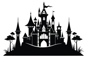 Obraz premium Silhouette of Fairy Tale Castle with Towers, Trees, and Flags on Hilltop Scene