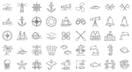 Hand-drawn nautical marine icons set. Ocean travel, sea life, beach adventure, and summer vacation line art sketches.