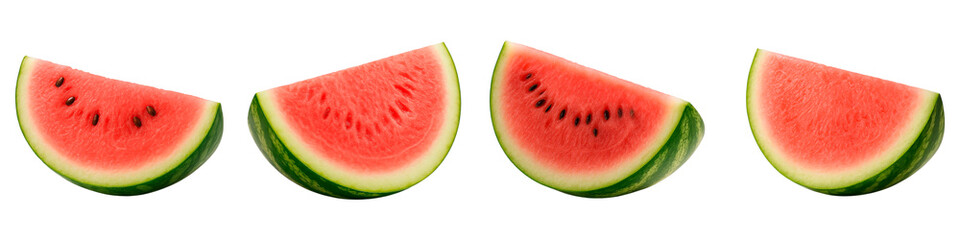 Four watermelon slices showing ripe red flesh and seeds on white background