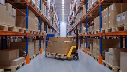 Rows of Shelves Stocked With Cardboard Boxes in a Warehouse with a Pallet Jack