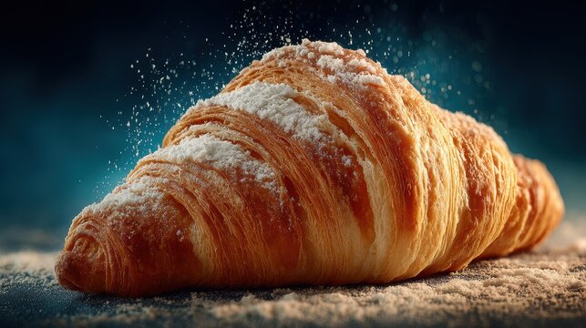 Freshly Baked Croissant with Dusting of Flour on Dark Surface - Powered by Adobe