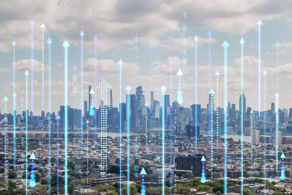 Poster new york cityscape with futuristic hologram arrows and binary code overlay. modern technology and bu