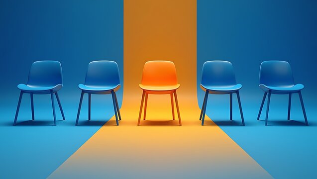 Unique Orange Chair Stands Out Amongst Blue Chairs in a Row