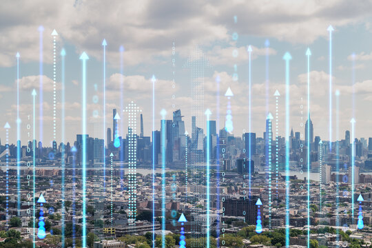 New York cityscape with futuristic hologram arrows and binary code overlay. Modern technology and business concept. Double exposure - Powered by Adobe