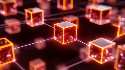 an intricate digital art piece with a multitude of interconnected red cubes that appear to be part of a complex network or web