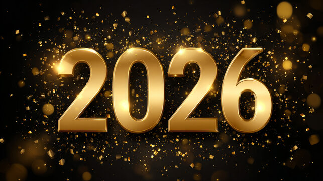 Golden 2026 numbers with confetti bokeh background