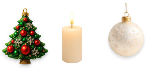 Christmas tree ornament, burning candle and christmas ball celebrating christmas holidays