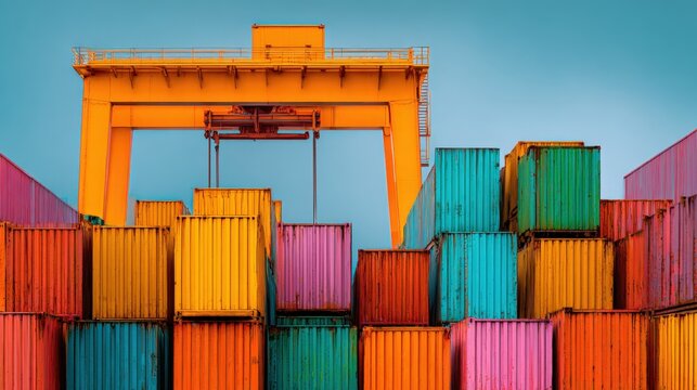 Colorful Shipping Containers Stacked High at a Commercial Port with an Overhead Gantry Crane