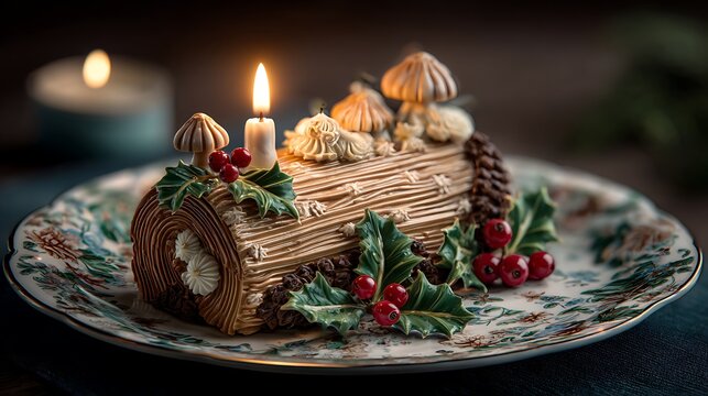 Decorated yule log cake with candle holly and mushrooms on a patterned vintage plate centered