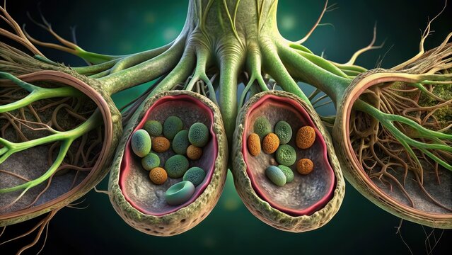 Detailed microscopic image of a cross-section of roots and stems in dicot and monocot plants