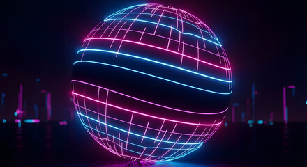 Abstract Glowing Neon Grid Sphere with Cityscape Silhouette Background