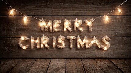 “Merry Christmas” text made of lights on a wooden wall creates a cozy winter holiday atmosphere.