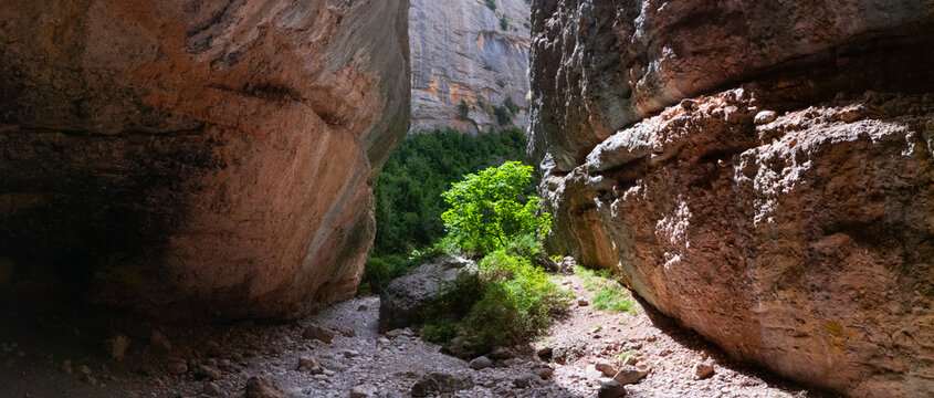 Landscape in the Gorgas and the Hermitage of San Julian in Nueno, in the Sierra de Guara Natural Park. Huesca, Aragon, Spain, Europe