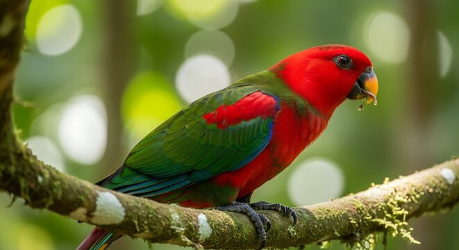 A vibrant red and green eclectus parrot perched on a mossy branch in a lush forest setting.