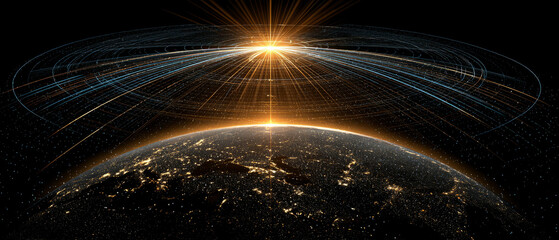 Glowing global network arcs across Earth