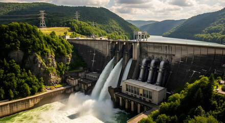 powerful hydroelectric dam releasing water green mountains
