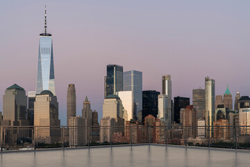 Fototapeta premium Skyscrapers Cityscape Downtown, New York Skyline Buildings. Beautiful Real Estate. Sunset. Empty rooftop View. Success concept.