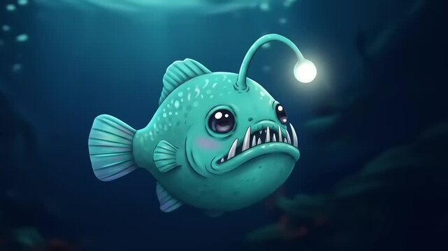 Cartoon anglerfish swimming in deep ocean with light